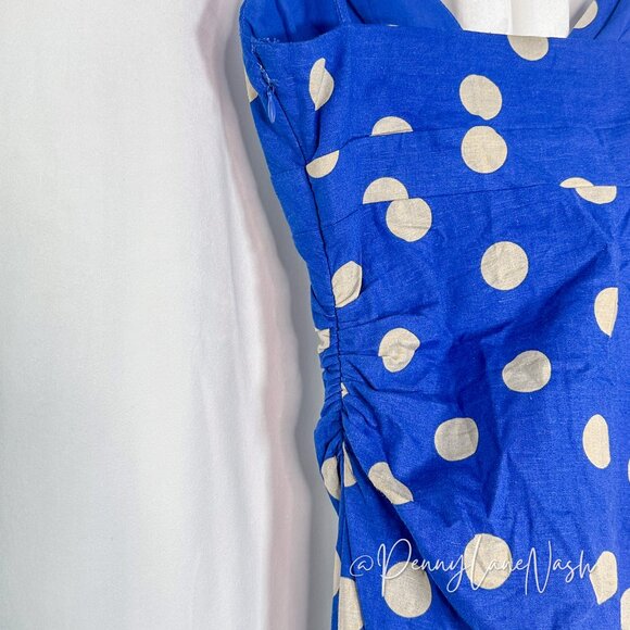 Zara Linen Blend Polka Dot Ruched Midi Dress Blue/Tan - Picture 13 of 13